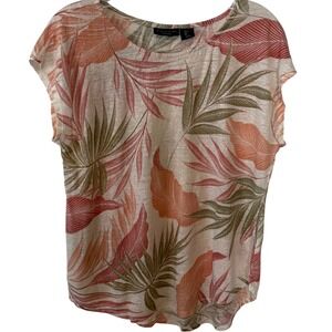 Tahari Women's Cream Leaf Print Linen Short Sleeved Top in Size L